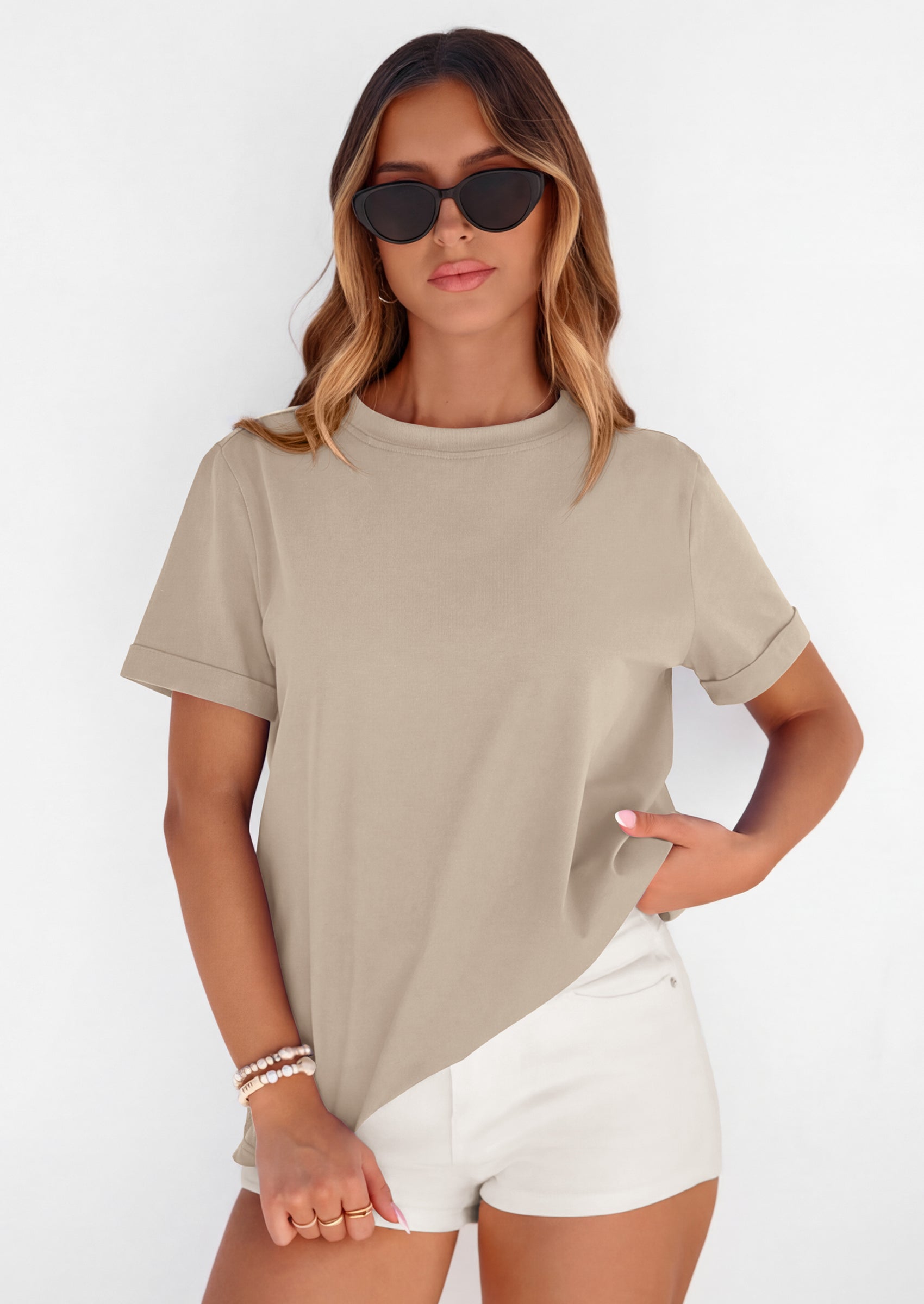 PRETTYGARDEN Womens Summer Tops Spring Casual Rolled Short Sleeve Basic Tees Crew Neck Work Shirts Fashion Clothing PRETTYGARDEN