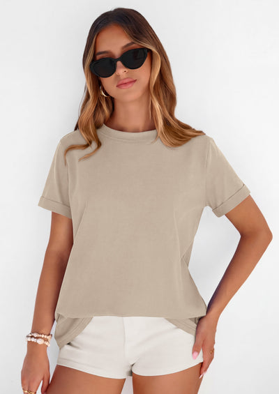 PRETTYGARDEN Womens Summer Tops Spring Casual Rolled Short Sleeve Basic Tees Crew Neck Work Shirts Fashion Clothing PRETTYGARDEN