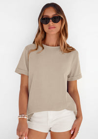 PRETTYGARDEN Womens Summer Tops Spring Casual Rolled Short Sleeve Basic Tees Crew Neck Work Shirts Fashion Clothing PRETTYGARDEN