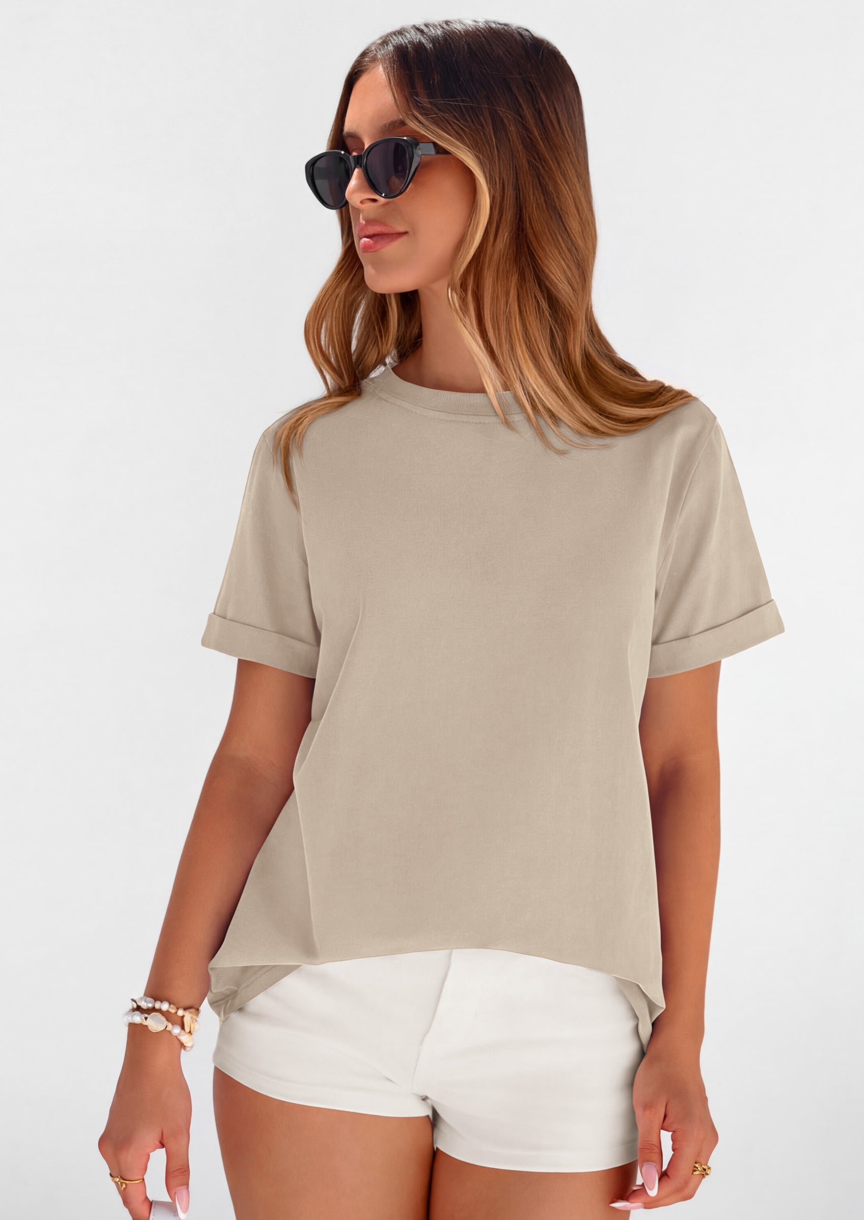 PRETTYGARDEN Womens Summer Tops Spring Casual Rolled Short Sleeve Basic Tees Crew Neck Work Shirts Fashion Clothing PRETTYGARDEN