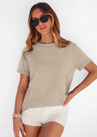 PRETTYGARDEN Womens Summer Tops Spring Casual Rolled Short Sleeve Basic Tees Crew Neck Work Shirts Fashion Clothing PRETTYGARDEN