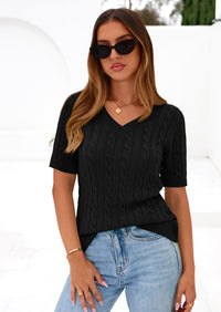 PRETTYGARDEN Womens Summer Short Sleeve Sweater Cable Knit V Neck Sweaters Shirts Fitted Work Tops Business Casual Outfits PRETTYGARDEN
