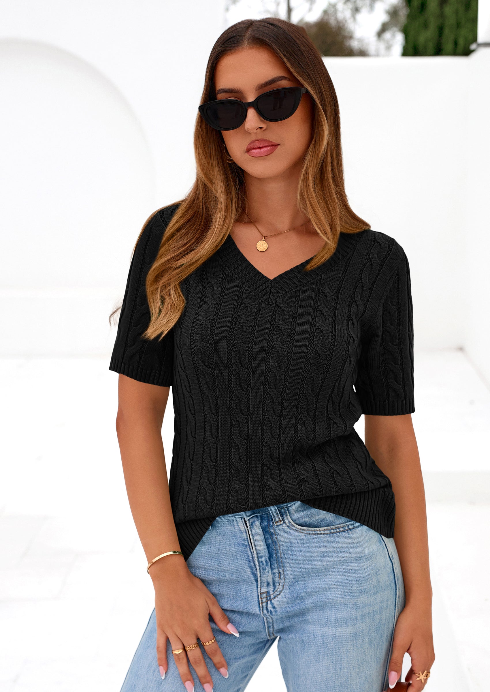 PRETTYGARDEN Womens Summer Short Sleeve Sweater Cable Knit V Neck Sweaters Shirts Fitted Work Tops Business Casual Outfits PRETTYGARDEN