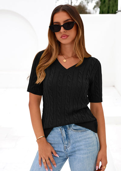 PRETTYGARDEN Womens Summer Short Sleeve Sweater Cable Knit V Neck Sweaters Shirts Fitted Work Tops Business Casual Outfits PRETTYGARDEN