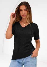 PRETTYGARDEN Womens Summer Short Sleeve Sweater Cable Knit V Neck Sweaters Shirts Fitted Work Tops Business Casual Outfits PRETTYGARDEN