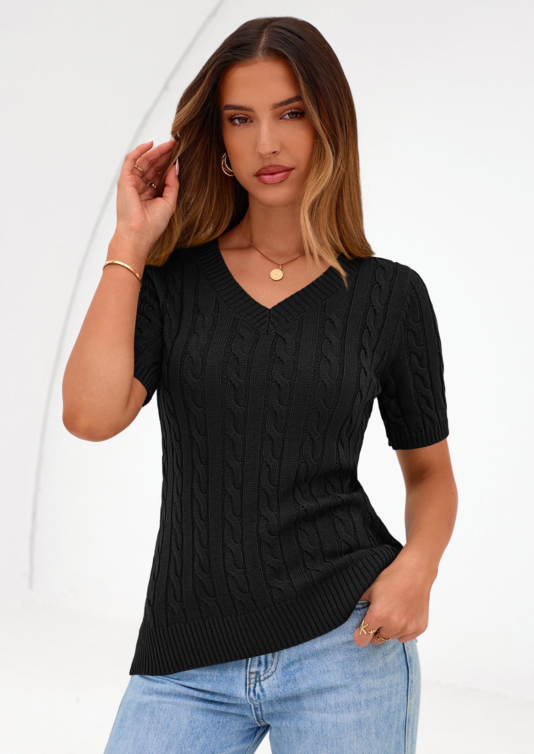 PRETTYGARDEN Womens Summer Short Sleeve Sweater Cable Knit V Neck Sweaters Shirts Fitted Work Tops Business Casual Outfits PRETTYGARDEN