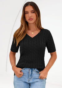 PRETTYGARDEN Womens Summer Short Sleeve Sweater Cable Knit V Neck Sweaters Shirts Fitted Work Tops Business Casual Outfits PRETTYGARDEN
