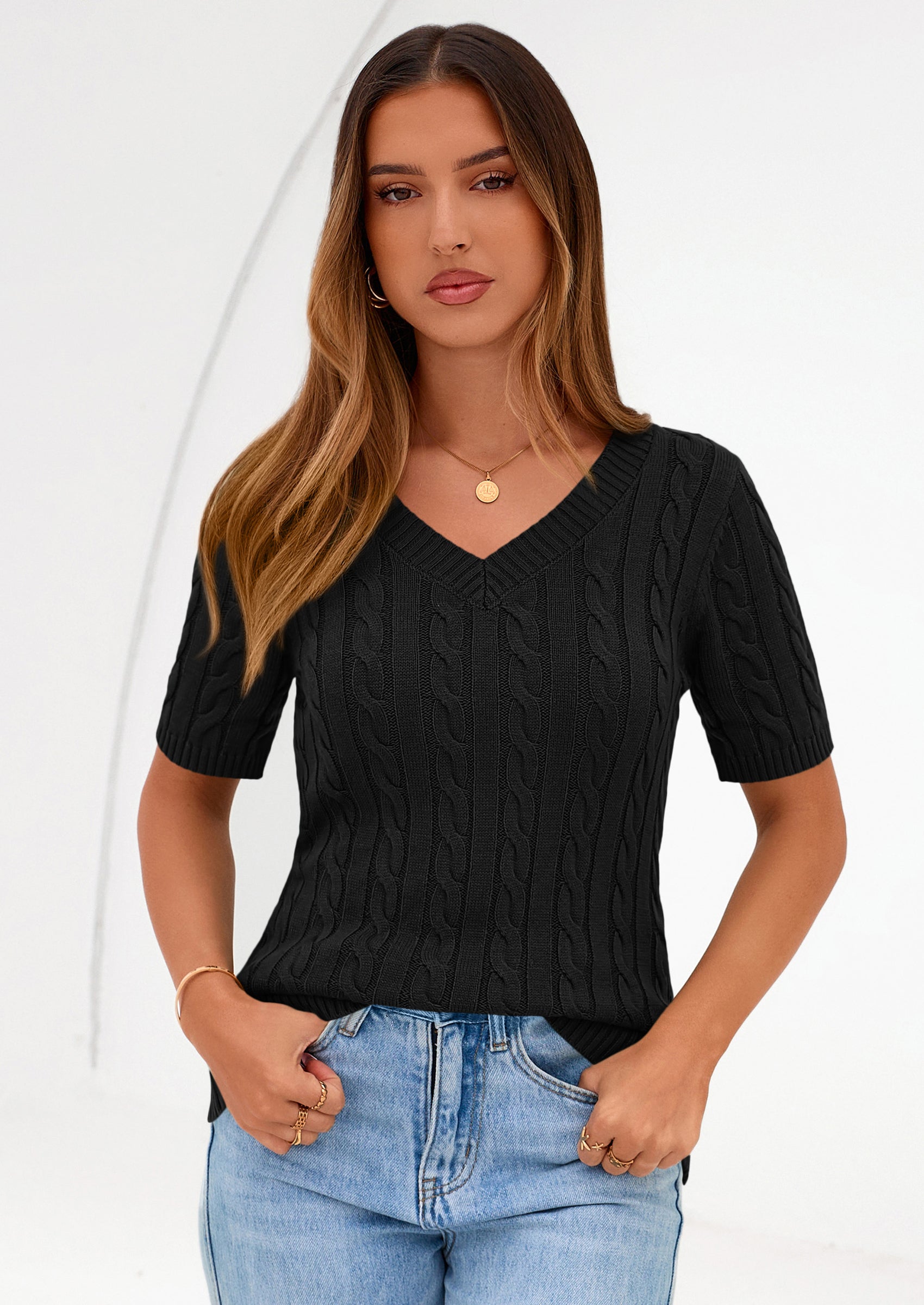 PRETTYGARDEN Womens Summer Short Sleeve Sweater Cable Knit V Neck Sweaters Shirts Fitted Work Tops Business Casual Outfits PRETTYGARDEN