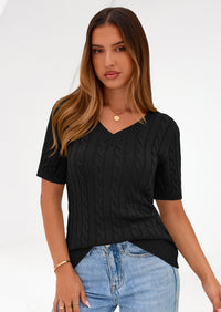 PRETTYGARDEN Womens Summer Short Sleeve Sweater Cable Knit V Neck Sweaters Shirts Fitted Work Tops Business Casual Outfits PRETTYGARDEN