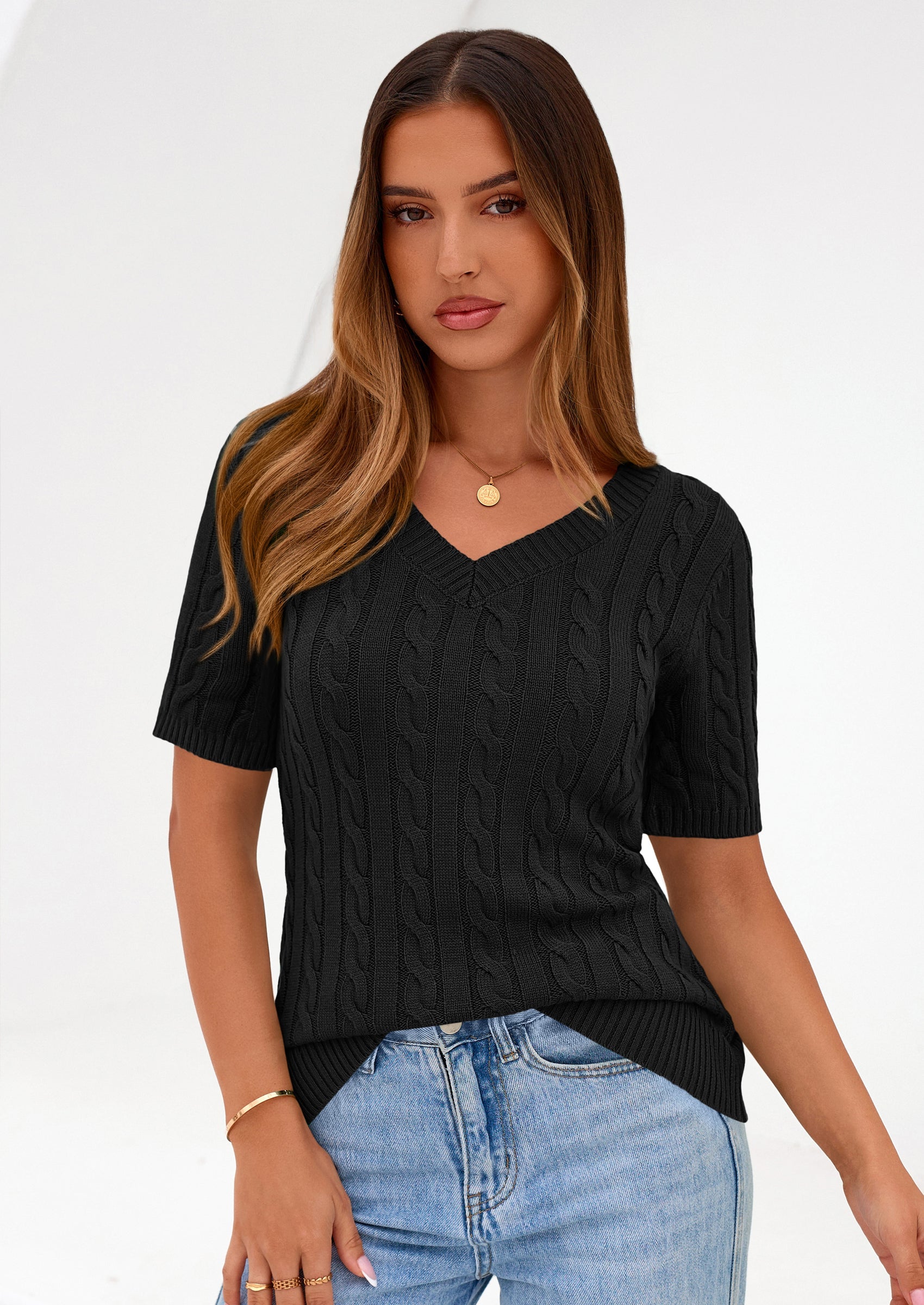 PRETTYGARDEN Womens Summer Short Sleeve Sweater Cable Knit V Neck Sweaters Shirts Fitted Work Tops Business Casual Outfits PRETTYGARDEN