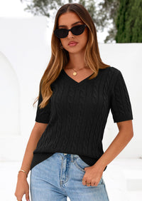 PRETTYGARDEN Womens Summer Short Sleeve Sweater Cable Knit V Neck Sweaters Shirts Fitted Work Tops Business Casual Outfits PRETTYGARDEN