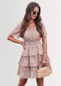 PRETTYGARDEN Women Floral Square Neck Short Sleeve Tiered Ruffle Boho Mini Dresses