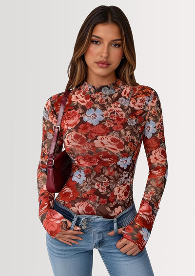 PRETTYGARDEN Womens Fall Mesh Floral Blouses Long Sleeve Going Out Tops Slim Fitted Shirts Date Night Outfits