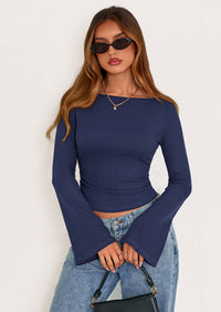 PRETTYGARDEN Women's Long Sleeve Shirts Fall Going Out Tops Casual Boat Neck Bell Sleeve Ribbed Ruched Y2K Clothes