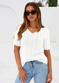 PRETTYGARDEN Womens Summer Short Sleeve Sweater Cable Knit V Neck Sweaters Shirts Fitted Work Tops Business Casual Outfits PRETTYGARDEN