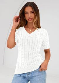 PRETTYGARDEN Womens Summer Short Sleeve Sweater Cable Knit V Neck Sweaters Shirts Fitted Work Tops Business Casual Outfits PRETTYGARDEN