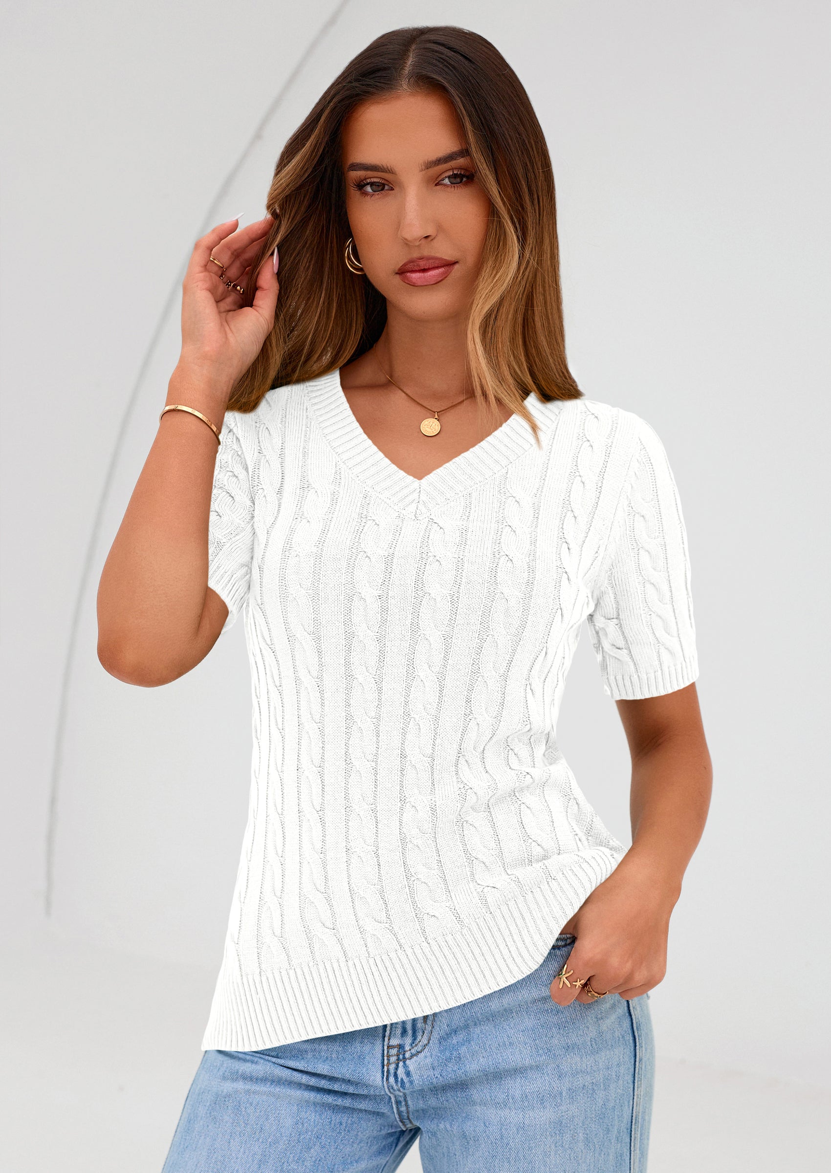 PRETTYGARDEN Womens Summer Short Sleeve Sweater Cable Knit V Neck Sweaters Shirts Fitted Work Tops Business Casual Outfits PRETTYGARDEN