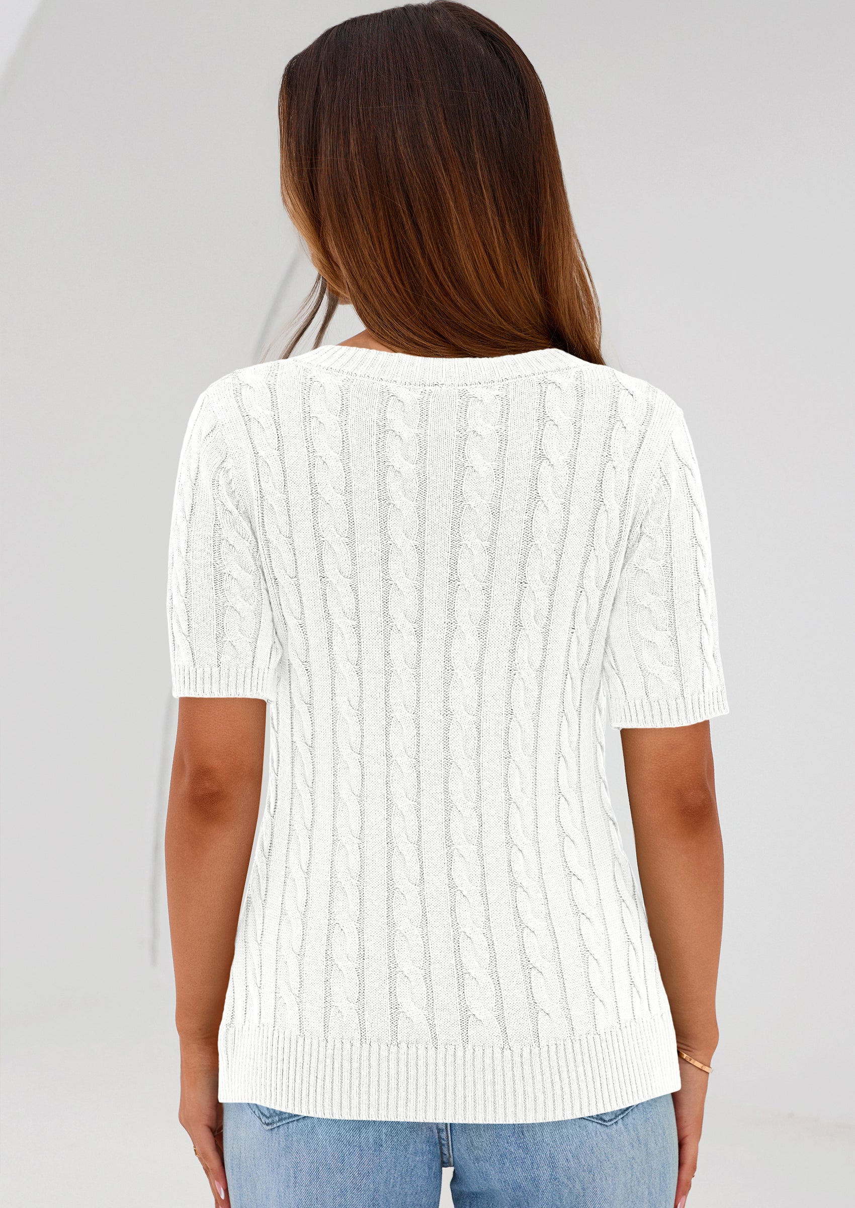 PRETTYGARDEN Womens Summer Short Sleeve Sweater Cable Knit V Neck Sweaters Shirts Fitted Work Tops Business Casual Outfits PRETTYGARDEN