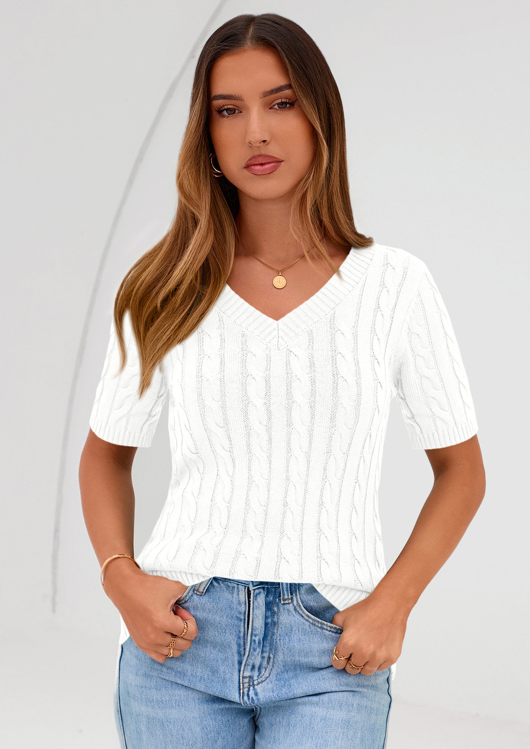 PRETTYGARDEN Womens Summer Short Sleeve Sweater Cable Knit V Neck Sweaters Shirts Fitted Work Tops Business Casual Outfits PRETTYGARDEN
