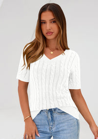 PRETTYGARDEN Womens Summer Short Sleeve Sweater Cable Knit V Neck Sweaters Shirts Fitted Work Tops Business Casual Outfits PRETTYGARDEN