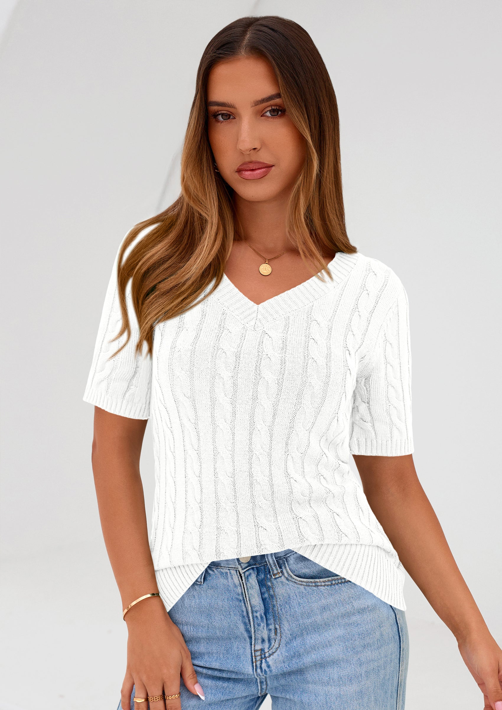 PRETTYGARDEN Womens Summer Short Sleeve Sweater Cable Knit V Neck Sweaters Shirts Fitted Work Tops Business Casual Outfits PRETTYGARDEN