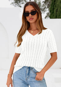 PRETTYGARDEN Womens Summer Short Sleeve Sweater Cable Knit V Neck Sweaters Shirts Fitted Work Tops Business Casual Outfits PRETTYGARDEN