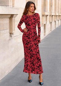 PRETTYGARDEN Women's Floral Bodycon Maxi Dress Fall Elegant Mesh Long Sleeve Formal Wedding Guest Cocktail Dresses