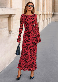 PRETTYGARDEN Women's Floral Bodycon Maxi Dress Fall Elegant Mesh Long Sleeve Formal Wedding Guest Cocktail Dresses