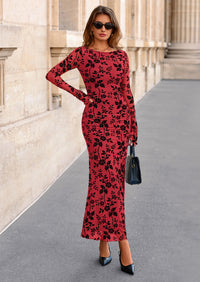 PRETTYGARDEN Women's Floral Bodycon Maxi Dress Fall Elegant Mesh Long Sleeve Formal Wedding Guest Cocktail Dresses