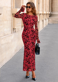 PRETTYGARDEN Women's Floral Bodycon Maxi Dress Fall Elegant Mesh Long Sleeve Formal Wedding Guest Cocktail Dresses