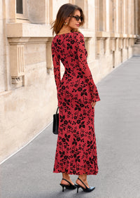 PRETTYGARDEN Women's Floral Bodycon Maxi Dress Fall Elegant Mesh Long Sleeve Formal Wedding Guest Cocktail Dresses