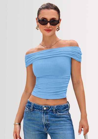 PRETTYGARDEN Summer Tops for Women Off Shoulder Short Sleeve Ruched Slim Fit Shirts Blouses Y2K Going Out Top