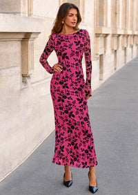 PRETTYGARDEN Women's Floral Bodycon Maxi Dress Fall Elegant Mesh Long Sleeve Formal Wedding Guest Cocktail Dresses