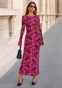 PRETTYGARDEN Women's Floral Bodycon Maxi Dress Fall Elegant Mesh Long Sleeve Formal Wedding Guest Cocktail Dresses