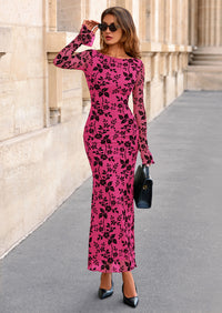 PRETTYGARDEN Women's Floral Bodycon Maxi Dress Fall Elegant Mesh Long Sleeve Formal Wedding Guest Cocktail Dresses