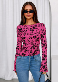 PRETTYGARDEN Women Long Sleeve Floral Mesh Tops Blouse  Fall Trendy Boat Neck Ruched Fitted Shirt Going Out Date Outfits