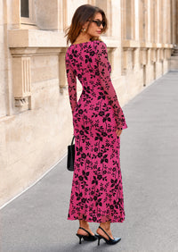 PRETTYGARDEN Women's Floral Bodycon Maxi Dress Fall Elegant Mesh Long Sleeve Formal Wedding Guest Cocktail Dresses