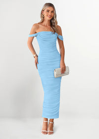 PRETTYGARDEN Womens Off The Shoulder Dress Ruched Bodycon Sleeveless Split Cocktail Party Maxi Dresses