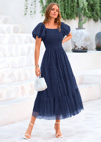 PRETTYGARDEN Women's Smocked Tulle Midi Dress Square Neck Puffy Short Sleeve Ruffle Wedding Guest Party Dresses
