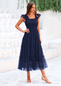 PRETTYGARDEN Women's Tulle Midi Dress Sleeveless Smocked Ruffle Mesh Flowy Dresses Party Wedding Guest Sundress