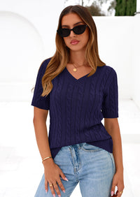 PRETTYGARDEN Womens Summer Short Sleeve Sweater Cable Knit V Neck Sweaters Shirts Fitted Work Tops Business Casual Outfits PRETTYGARDEN