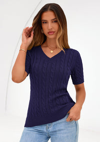 PRETTYGARDEN Womens Summer Short Sleeve Sweater Cable Knit V Neck Sweaters Shirts Fitted Work Tops Business Casual Outfits PRETTYGARDEN
