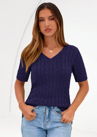 PRETTYGARDEN Womens Summer Short Sleeve Sweater Cable Knit V Neck Sweaters Shirts Fitted Work Tops Business Casual Outfits PRETTYGARDEN