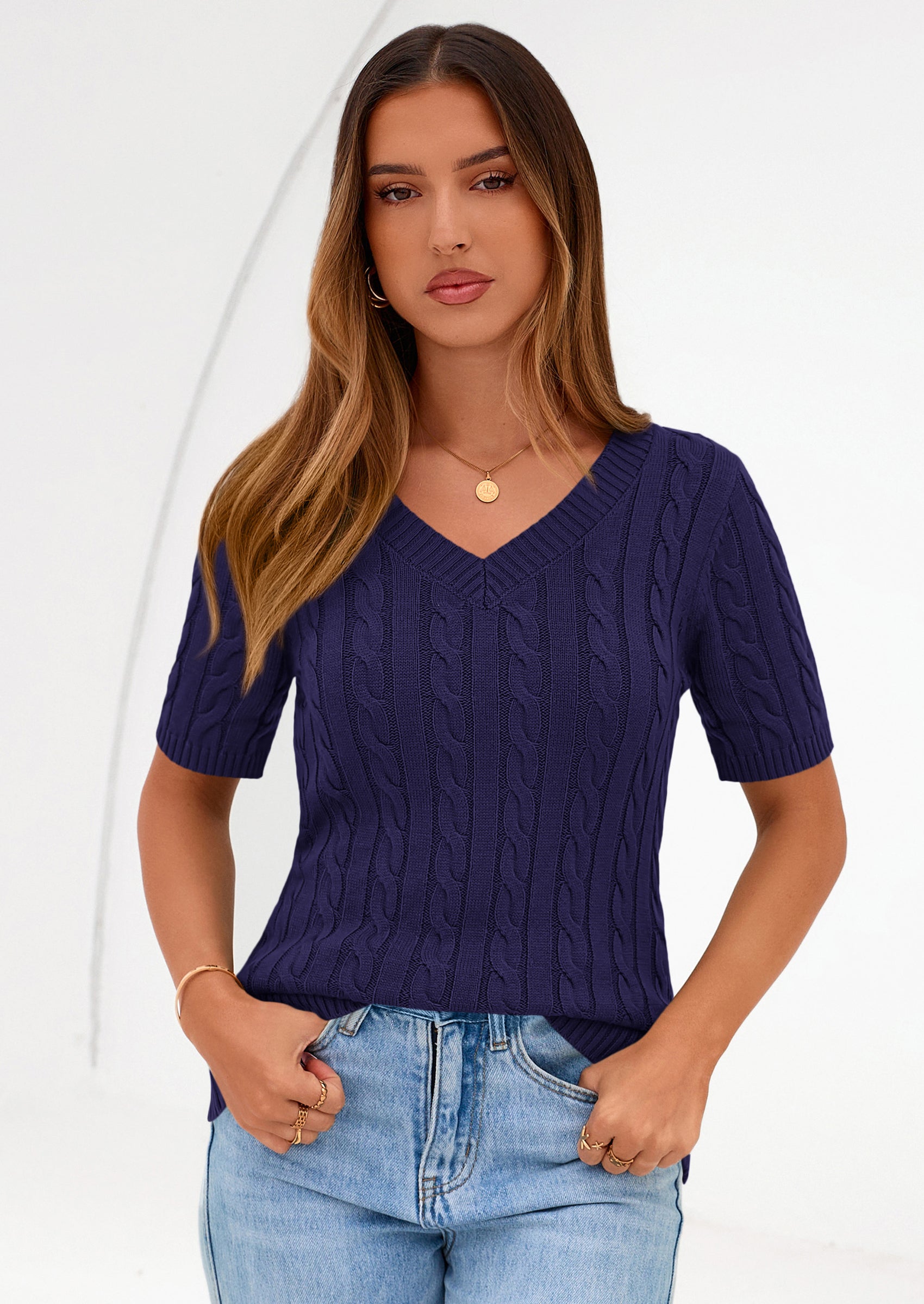 PRETTYGARDEN Womens Summer Short Sleeve Sweater Cable Knit V Neck Sweaters Shirts Fitted Work Tops Business Casual Outfits PRETTYGARDEN