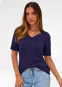 PRETTYGARDEN Womens Summer Short Sleeve Sweater Cable Knit V Neck Sweaters Shirts Fitted Work Tops Business Casual Outfits PRETTYGARDEN