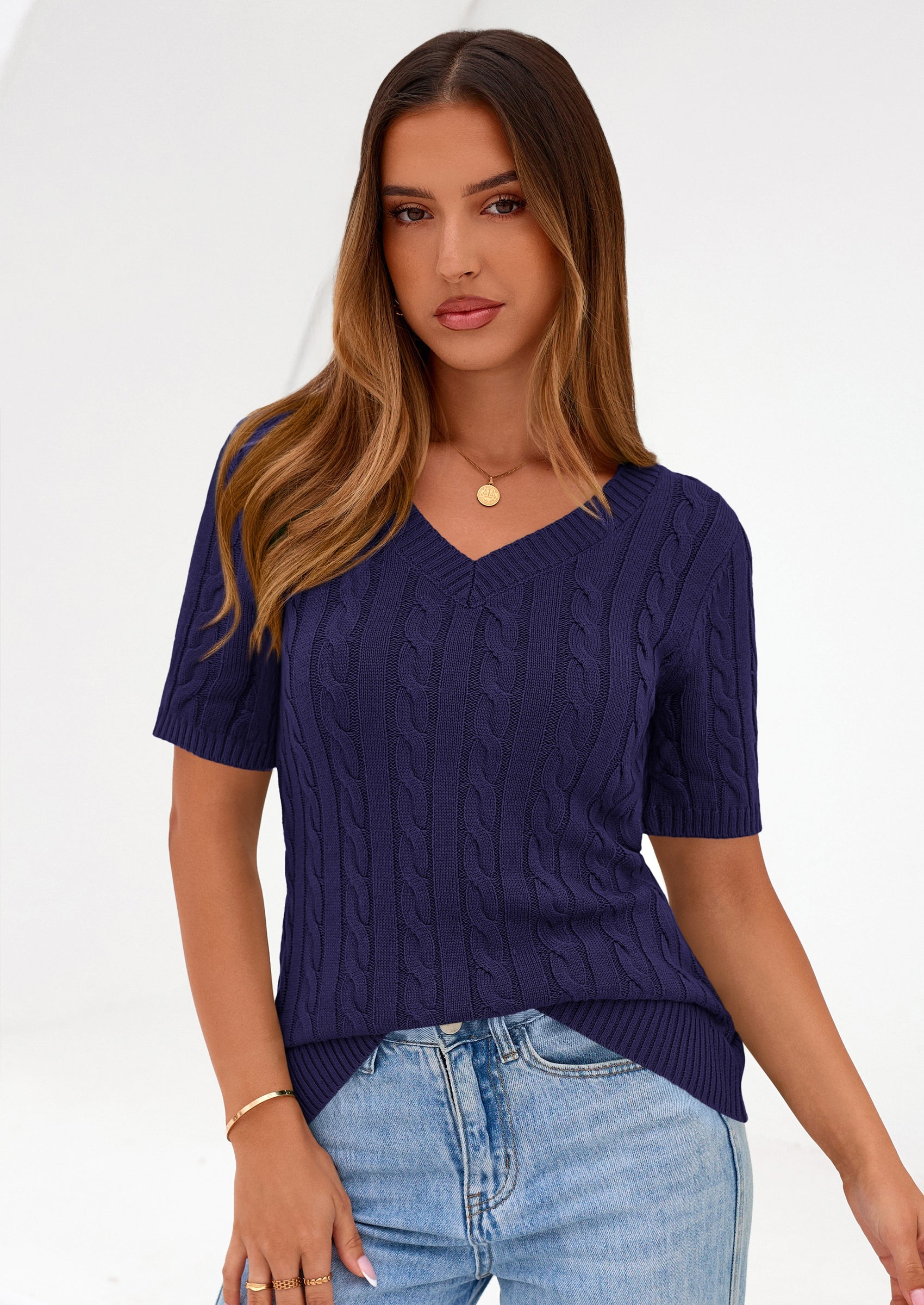 PRETTYGARDEN Womens Summer Short Sleeve Sweater Cable Knit V Neck Sweaters Shirts Fitted Work Tops Business Casual Outfits PRETTYGARDEN