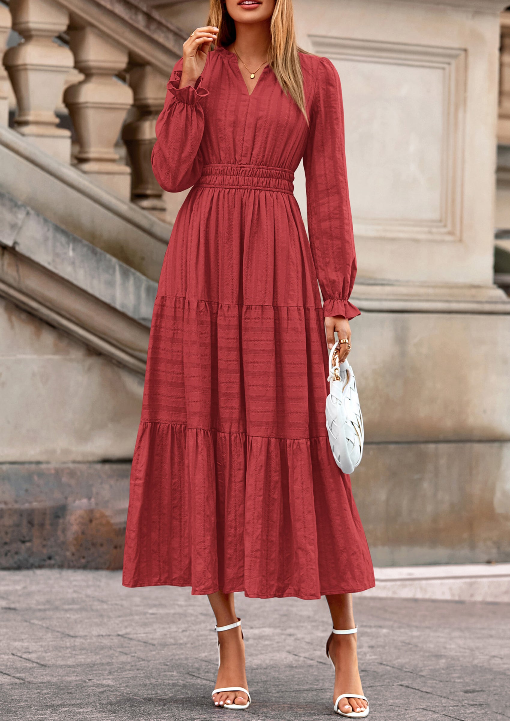 PRETTYGARDEN Women's Fall Wedding Guest Dresses Long Sleeve V Neck Flowy Elegant Holiday Party Maxi Dress with Pockets