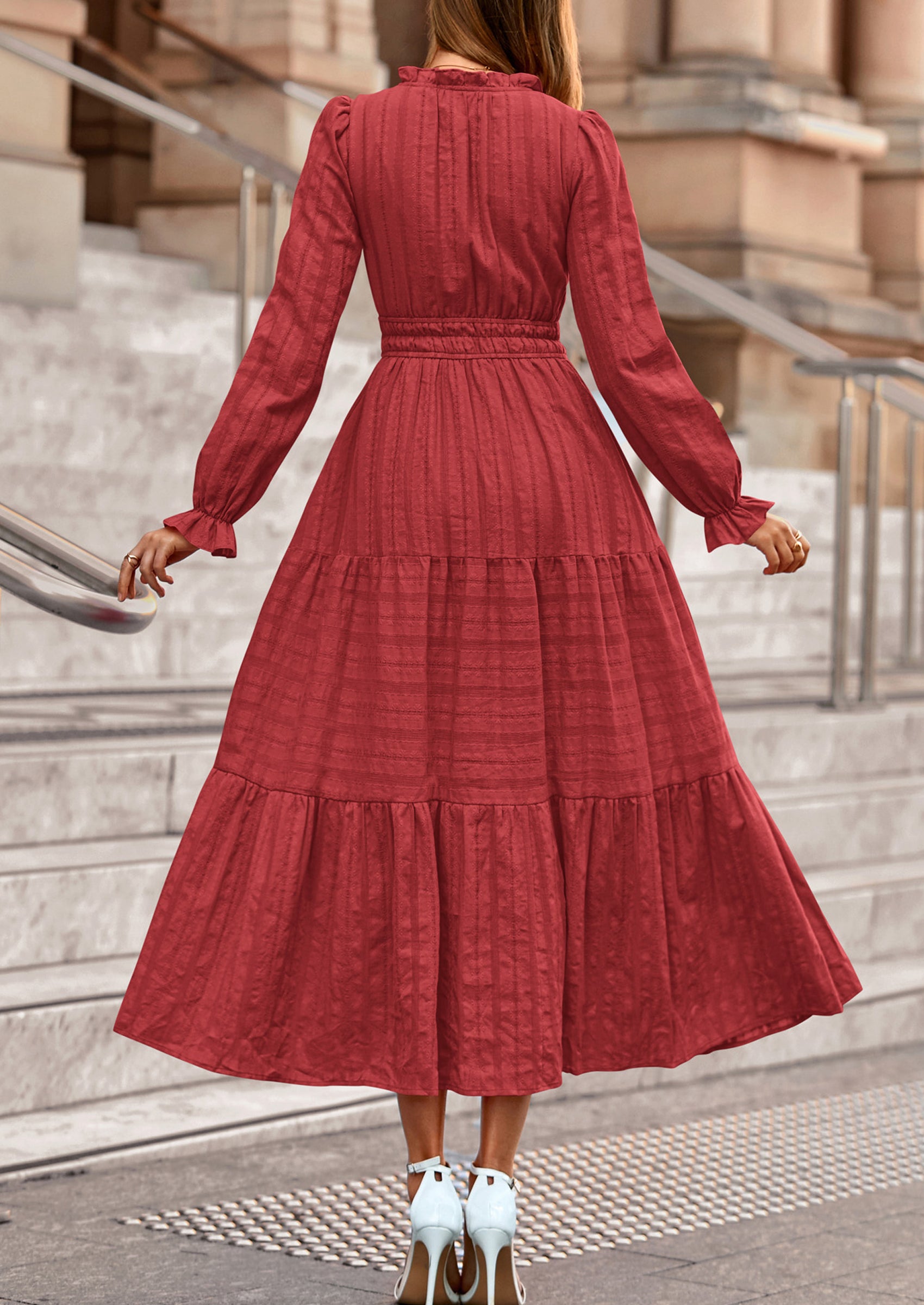 PRETTYGARDEN Women's Fall Wedding Guest Dresses Long Sleeve V Neck Flowy Elegant Holiday Party Maxi Dress with Pockets