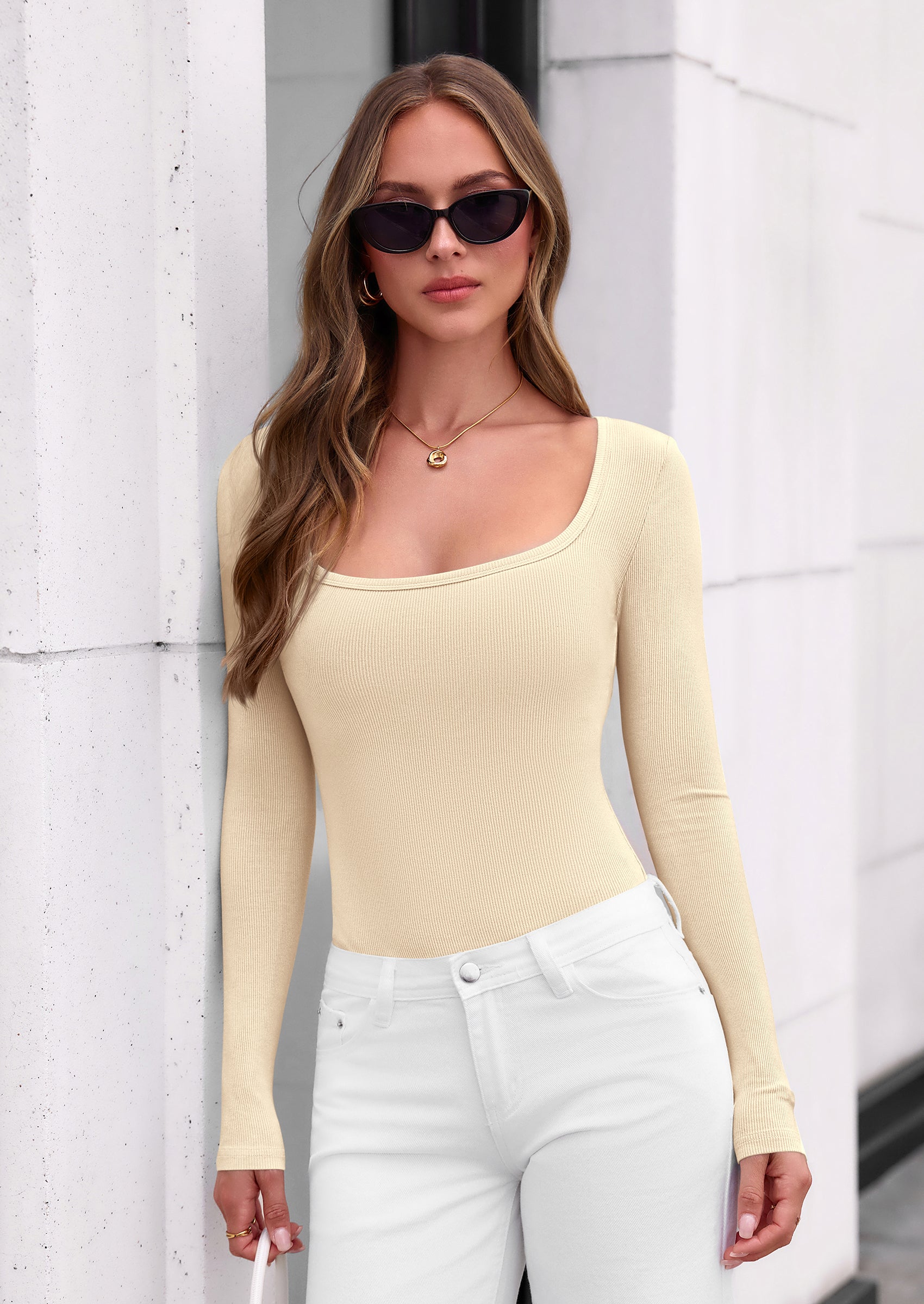 PRETTYGARDEN Bodysuits for Women Fall Long Sleeve Body Suits Scoop Neck Ribbed Knit Fitted Basic Tops Soft Tee Shirts