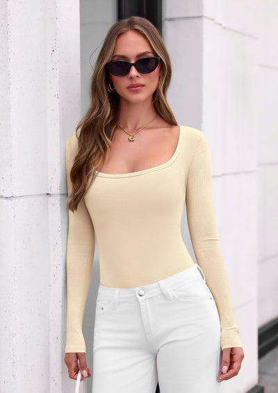 PRETTYGARDEN Bodysuits for Women Fall Long Sleeve Body Suits Scoop Neck Ribbed Knit Fitted Basic Tops Soft Tee Shirts